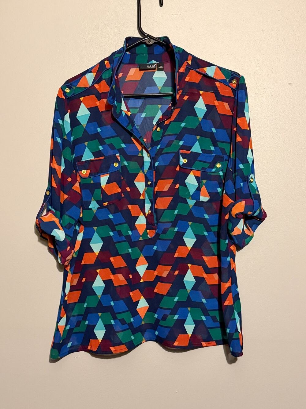 a.n.a. A New Approach XL Geometric Print Blouse Roll Tab Sleeve Colorful Tunic